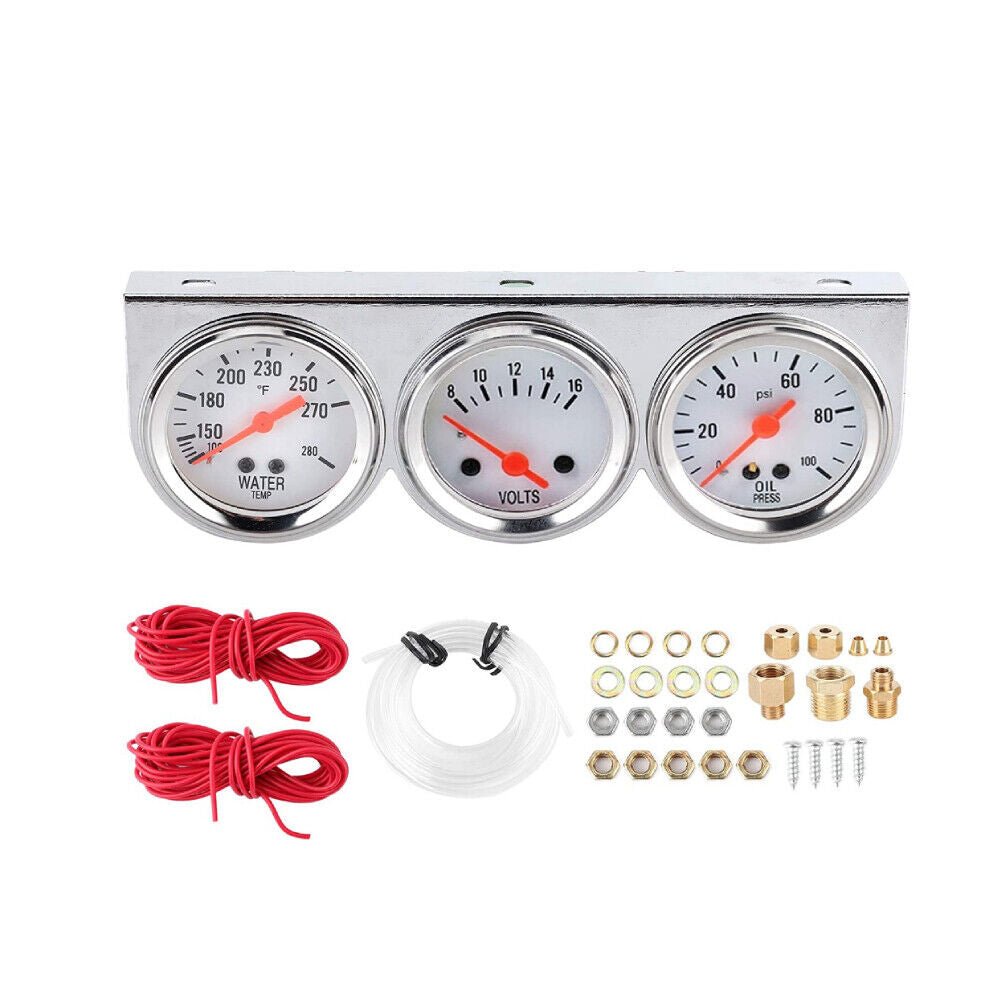 21_93ae795e-c0b4-4290-bbba-26889f372ad2 2'' 52mm Mechanical Chrome Triple Gauge Set Water Temp Oil Pressure Volt Meter - Image 1